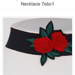 Black Choker Necklace with Red Rose Embroidery